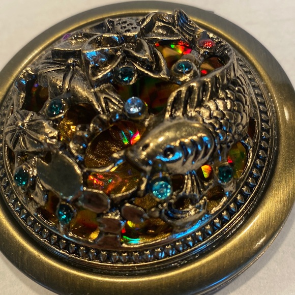 NWOT Brass Double Mirror Compact, Raised Jeweled Design with Fish - Picture 2 of 5